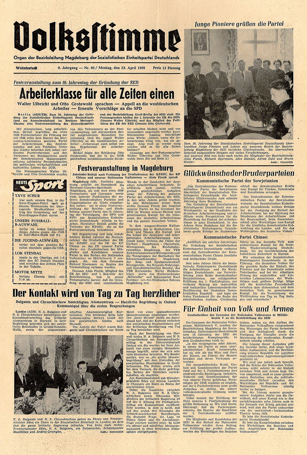 Seite der Volksstimme Wolmirstedt, 23. April 1956 (Museum Wolmirstedt RR-F)