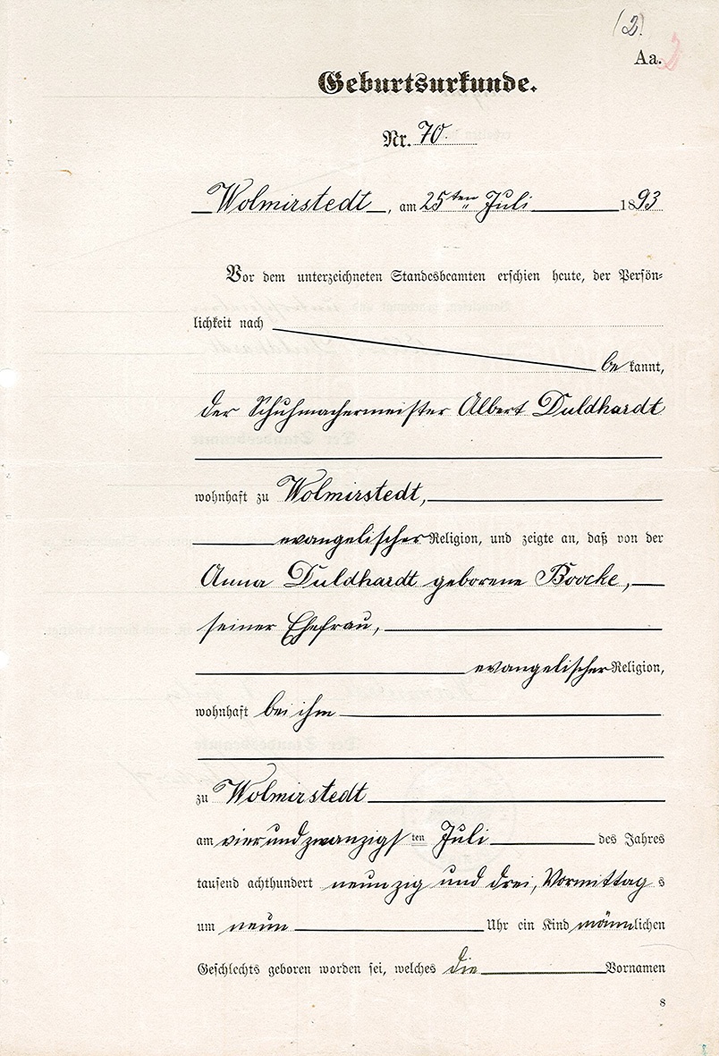 Geburtsurkunde für Richard Karl Duldhardt, 7. Juli 1933 (Museum Wolmirstedt RR-F)