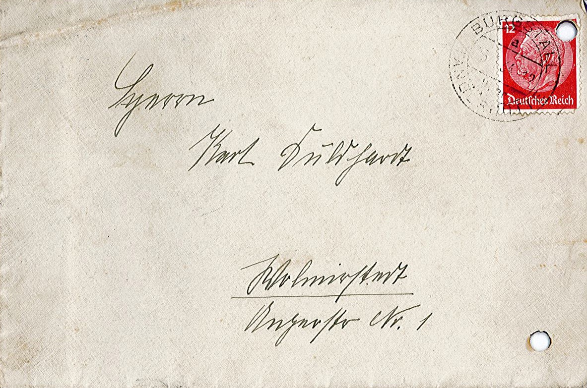Umschlag eines Briefes von Wilhelm Bartels an Karl Duldhardt, 1934 (Museum Wolmirstedt RR-F)