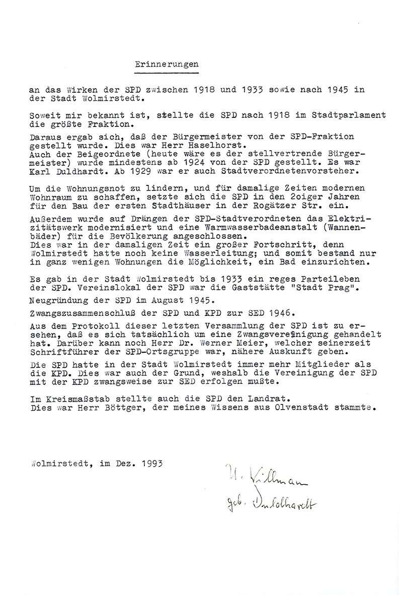 Erinnerungsbericht von Ursula Willmann an ihren Vater Karl Duldhardt, Dezember 1993 (Museum Wolmirstedt RR-F)