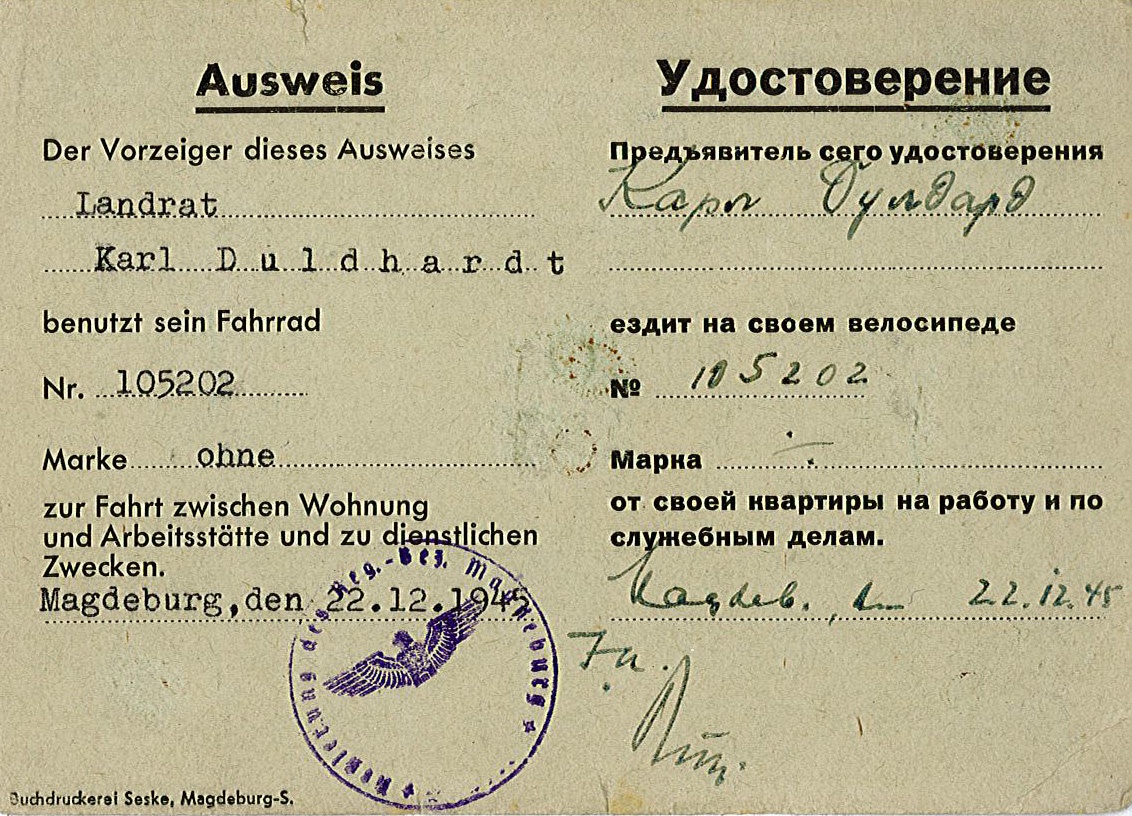 Ausweis von Karl Duldhardt für die Nutzung eines Dienstfahrrades, 22. Dezember 1945 (Museum Wolmirstedt RR-F)