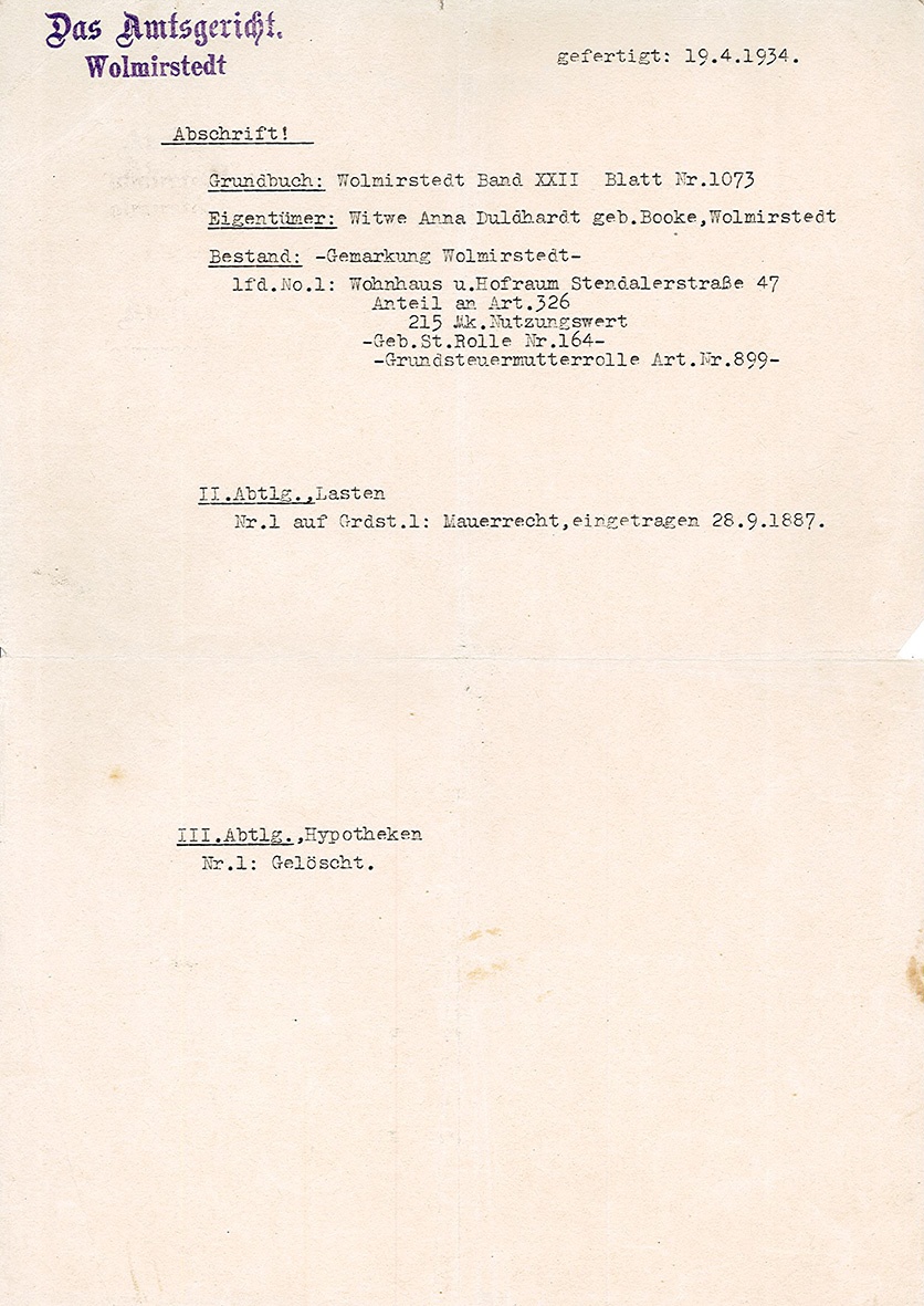 Abschrift Grundbuchauszug Wolmirstedt Band 22, Blatt Nr. 1073, 19. April 1934 (Museum Wolmirstedt RR-F)