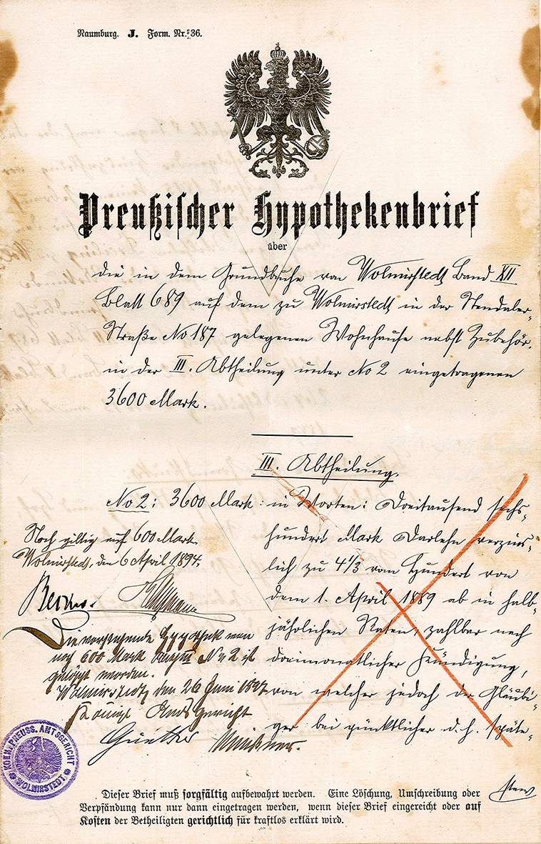 Preußischer Hypothekenbrief über 3600 Mark für das Grundstück Stendaler Straße Nr. 187 in Wolmirstedt, 1. April 1889 (Museum Wolmirstedt RR-F)