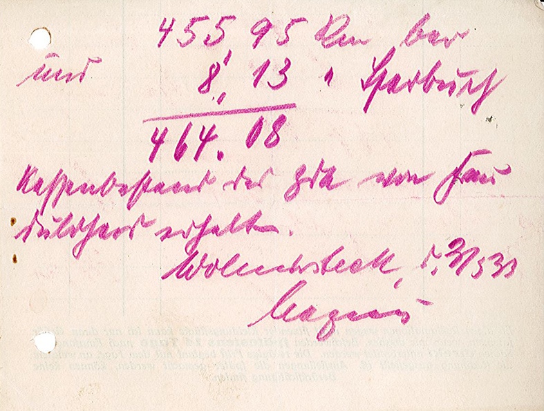 Handschriftliche Notiz zum Kassenbestand von Frau Duldhardt, 31. März 1933 (Museum Wolmirstedt RR-F)