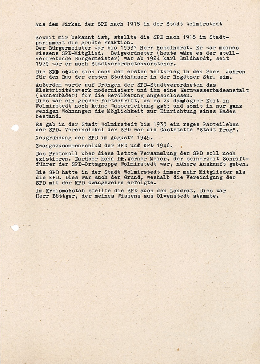 Erinnerungsbericht Wirken der SPD nach 1918 in der Stadt Wolmirstedt (Museum Wolmirstedt RR-F)