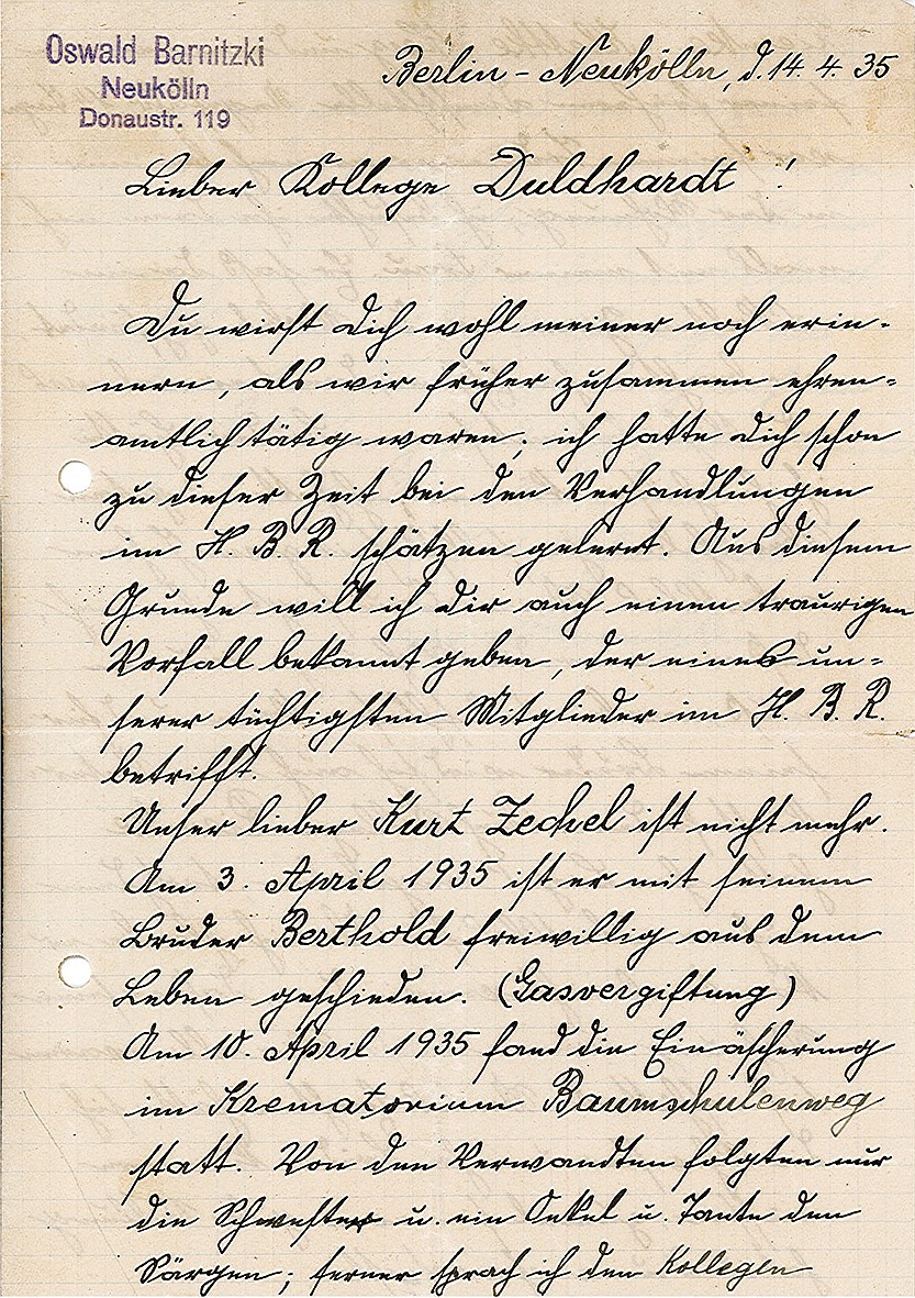 Brief von Oswald Barnitzki an Karl Duldhardt, 14. April 1935 (Museum Wolmirstedt RR-F)