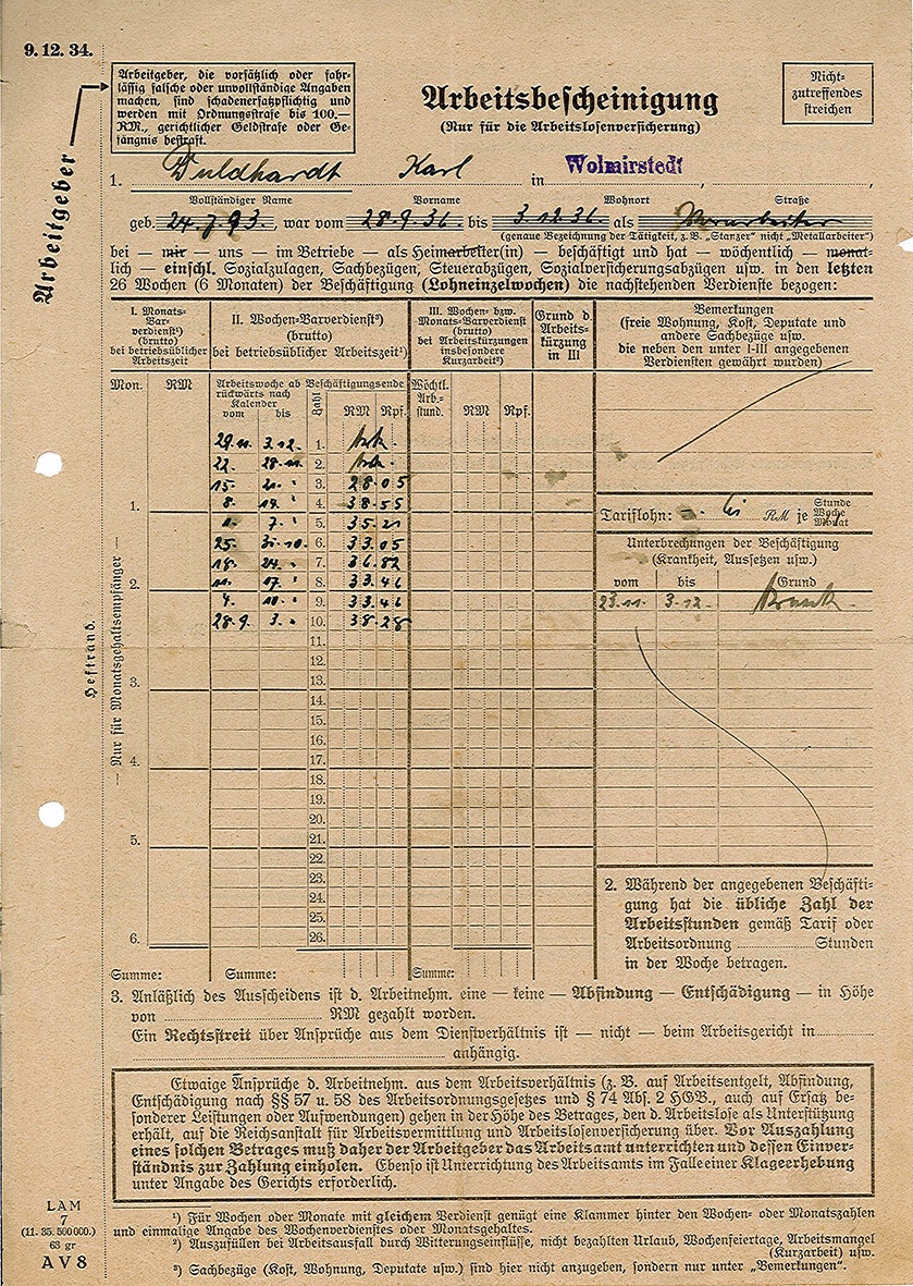 Arbeitsbescheinigung für Karl Duldhardt für die Arbeitslosenversicherung, 4. Dezember 1936 (Museum Wolmirstedt RR-F)