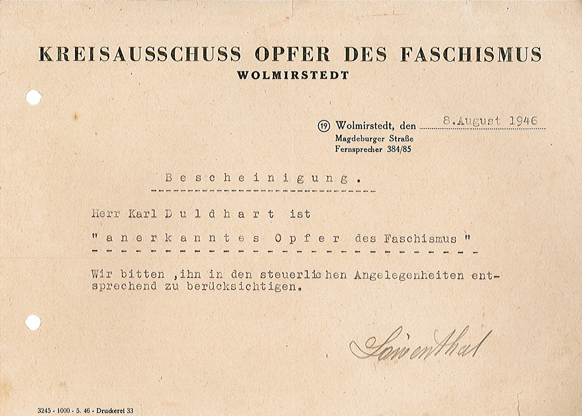 Bescheinigung &quot;anerkanntes Opfer des Faschismus&quot; für Karl Duldhardt vom 8. August 1846 (Museum Wolmirstedt RR-F)