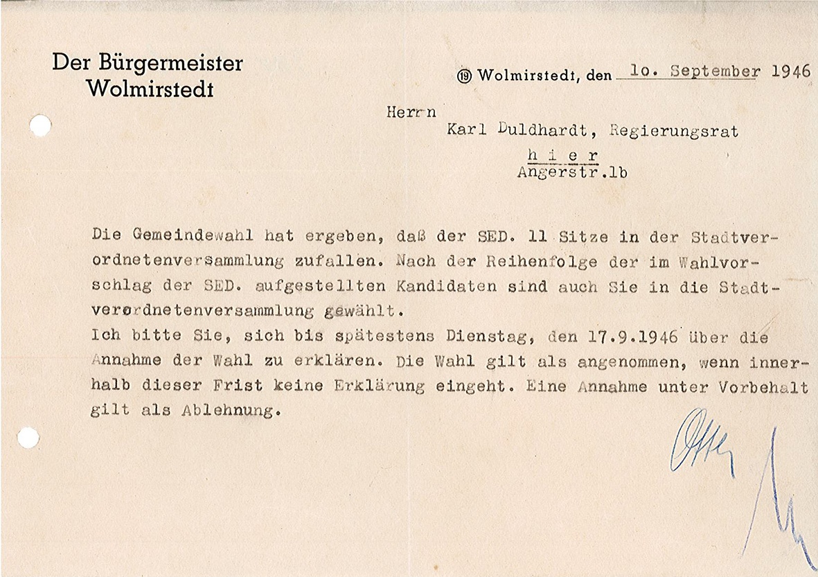 Informationsschreiben zur Wahl Karl Duldhardts zum Stadtverordneten für die SED, 10. September 1946 (Museum Wolmirstedt RR-F)
