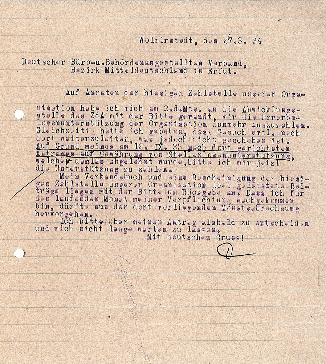 Schreiben von Karl Duldhardt an den Büro- und Behördenangestellten Verband, 27. März 1934 (Museum Wolmirstedt RR-F)