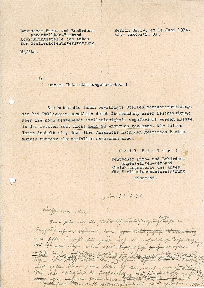 Information über Einstellung der Stellenlosenunterstützung durch den Büro- und Behördenangestellten Verband an Karl Duldhardt, 14. Juni 1934 nebst Antwortentwur (Museum Wolmirstedt RR-F)