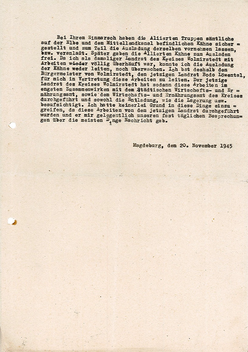 Erinnerungsbericht von Karl Duldhardt zum Einmarsch der Allierten, 20. November 1945 (Museum Wolmirstedt RR-F)