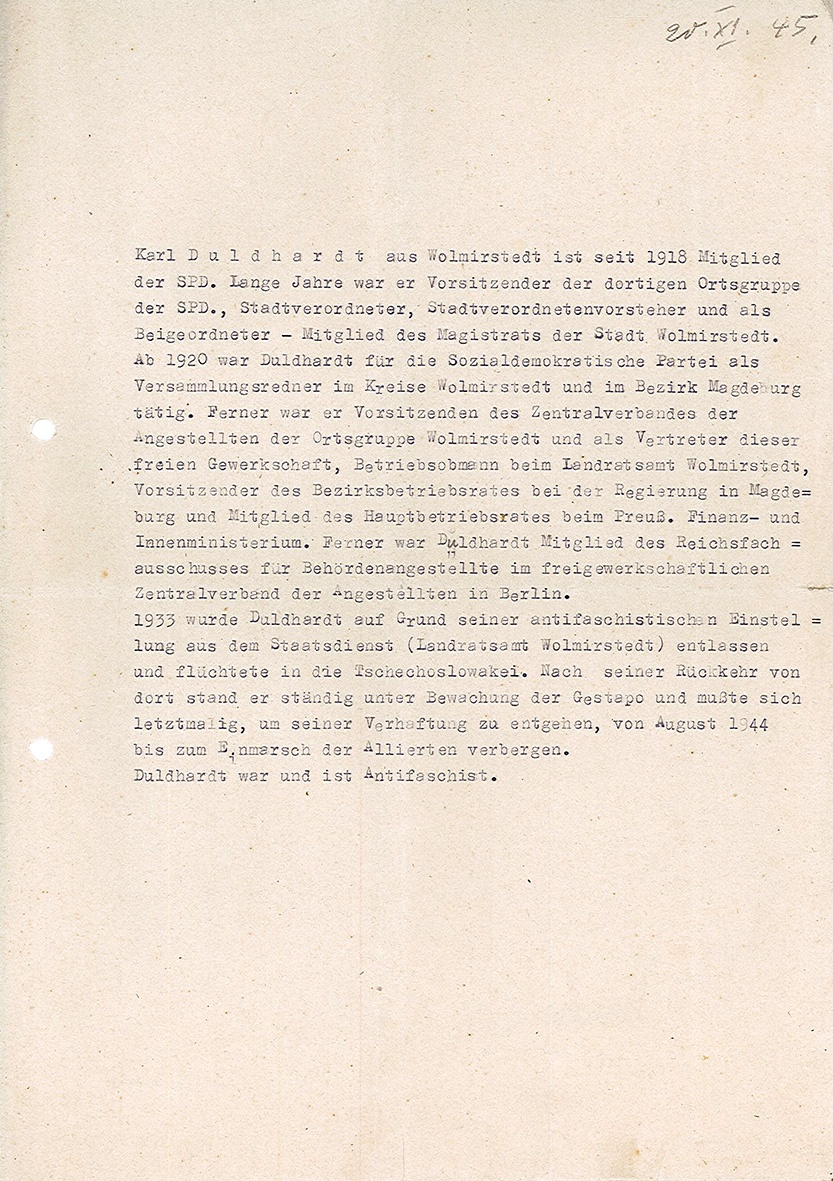 Erklärung über antifaschistische Haltung Karl Duldhardts vom 20.11.1945 (Museum Wolmirstedt RR-F)