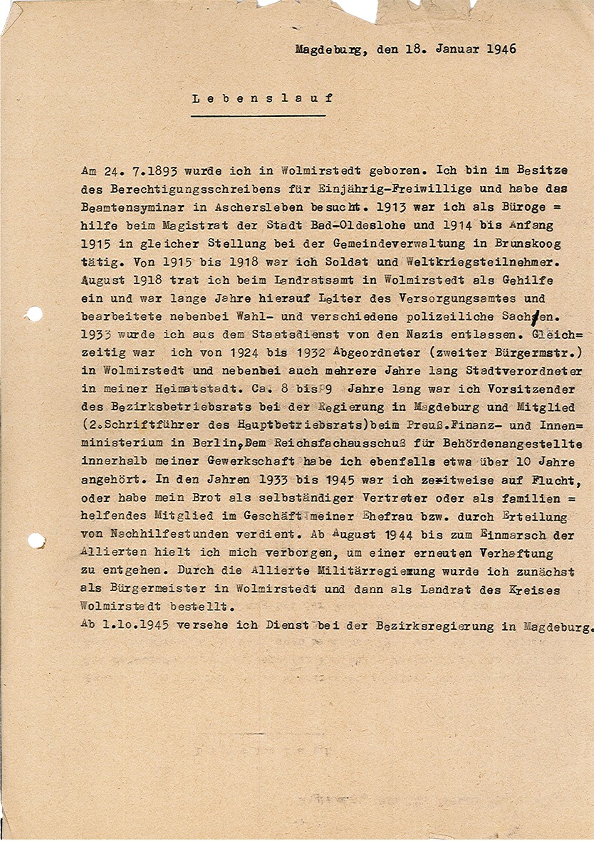 Lebenslauf von Karl Duldhard, 18. Januar 1946 (Museum Wolmirstedt RR-F)