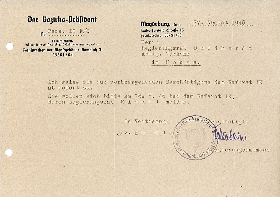 Zuweisung des Referates IK zum 27. August 1946 an Karl Duldhardt (Museum Wolmirstedt RR-F)