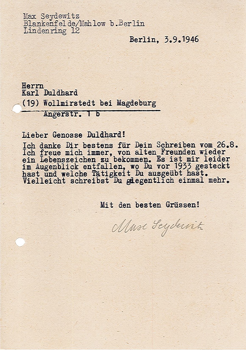 Privatschreiben von Max Seydewitz an Karl Duldhardt vom 3. September 1946 (Museum Wolmirstedt RR-F)