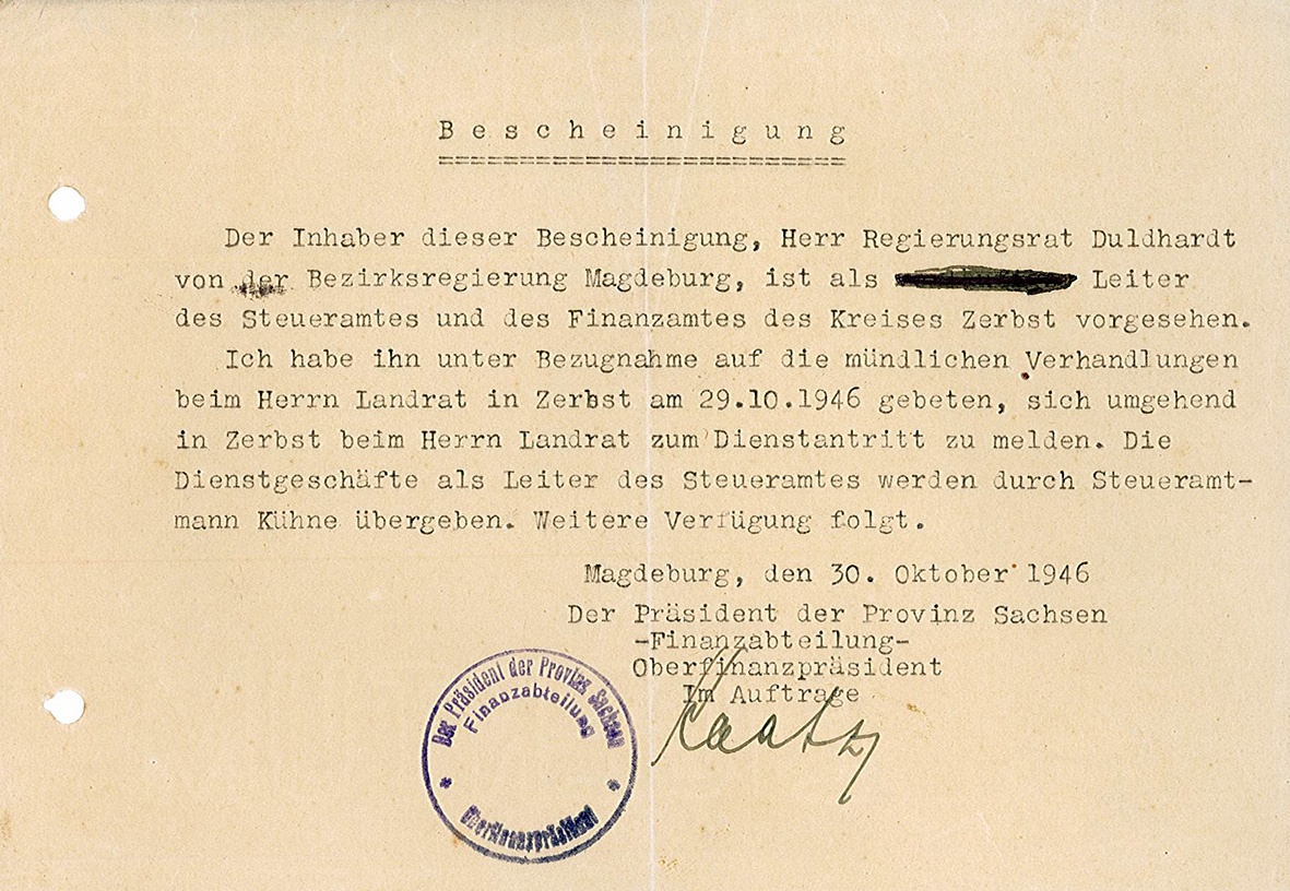 Bescheinigung zur Berufung als Leiter des Steuer- und Finanzamtes Kreis Zerbst für Karl Duldhardt, 30. Oktober 1946 (Museum Wolmirstedt RR-F)
