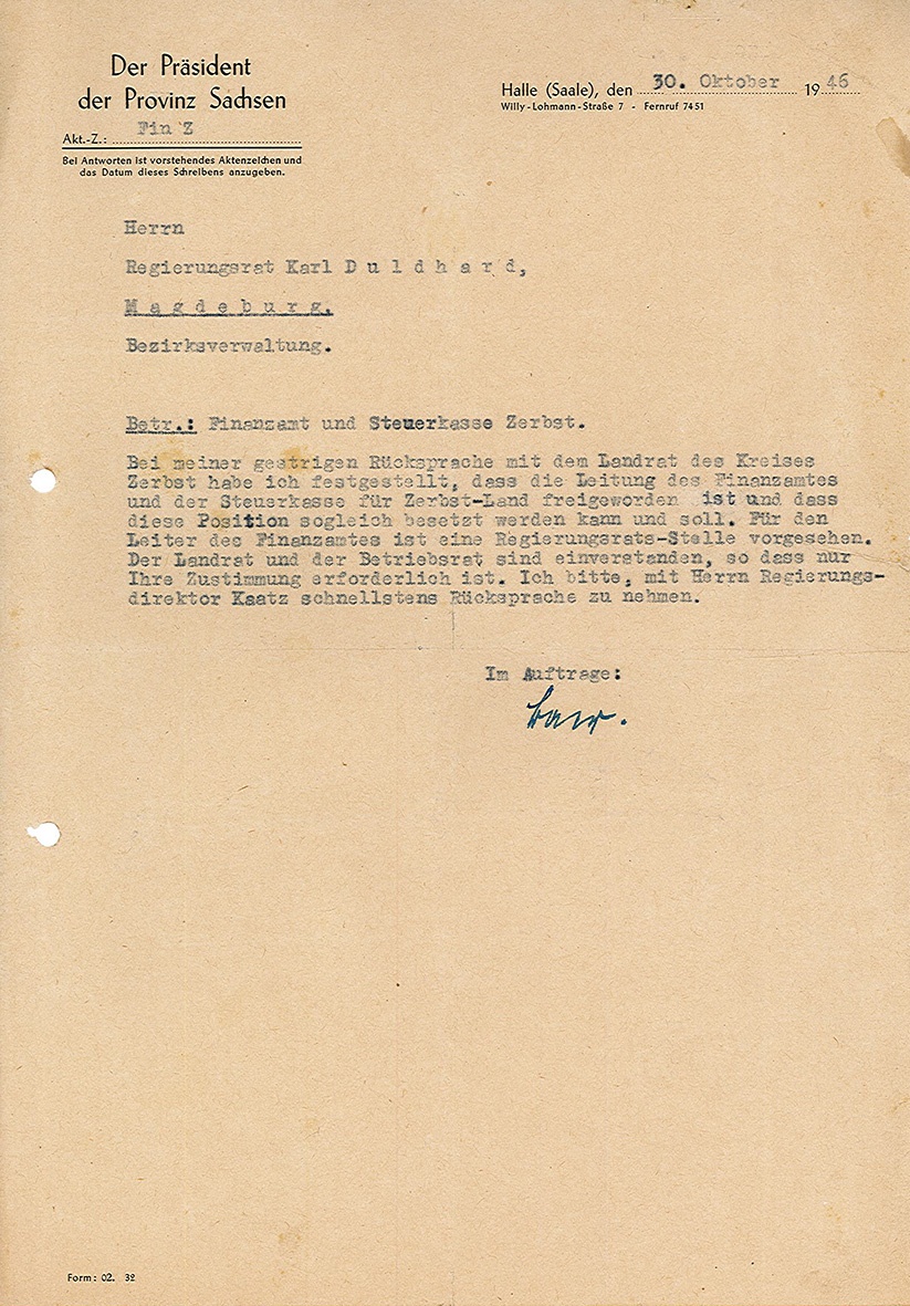Information an Karl Duldhardt zur freien Leiterstelle Finanzamt und Steuerkasse Zerbst, 30. Oktober 1946 (Museum Wolmirstedt RR-F)