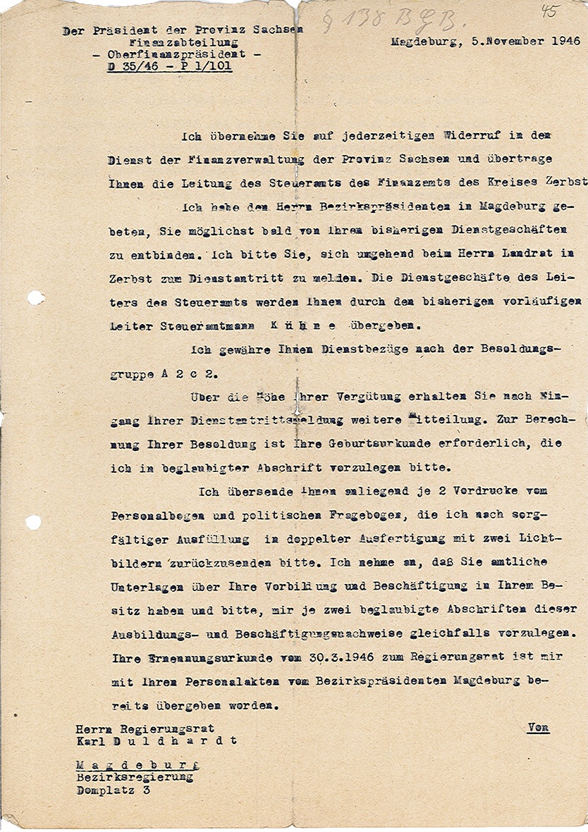 Informationsschreiben des Oberfinanzpräsidenten Provinz Sachsen an Karl Duldhardt zur Übernahmen in den Finanzverwaltungsdienst Zerbst, 5. November 1946 (Museum Wolmirstedt RR-F)