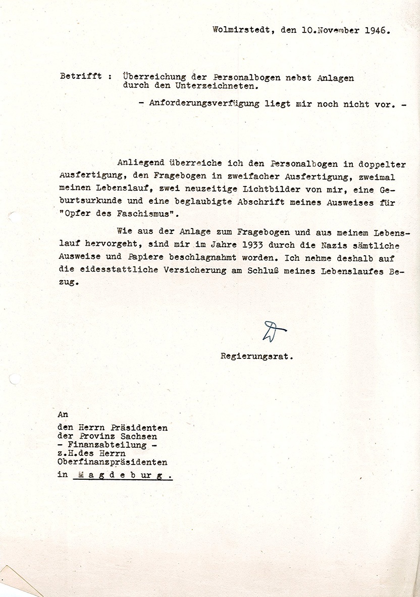 Informationsschreiben Karl Duldhardts an den Oberfinanzpräsidenten Provinz Sachsen, 10. November 1946 (Museum Wolmirstedt RR-F)