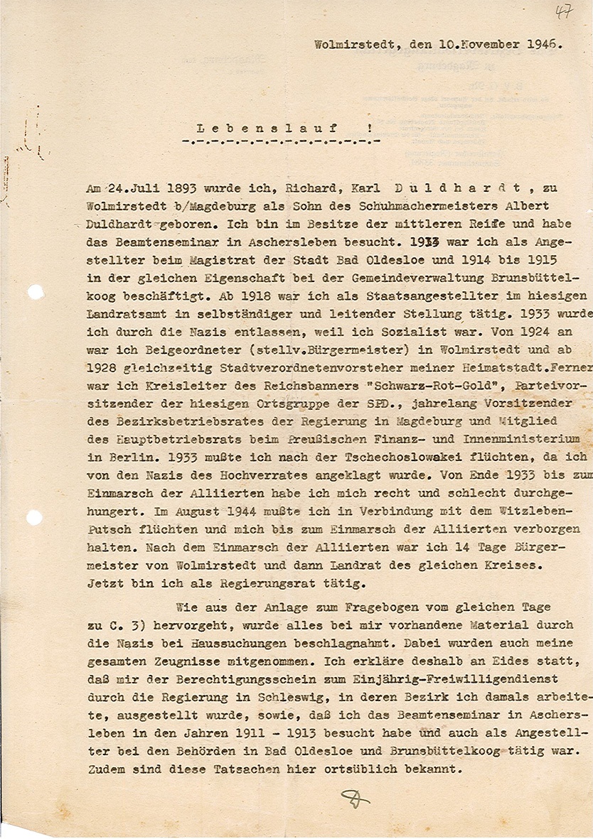 Lebenslauf Karl Duldhardt vom 10. November 1946 (Museum Wolmirstedt RR-F)