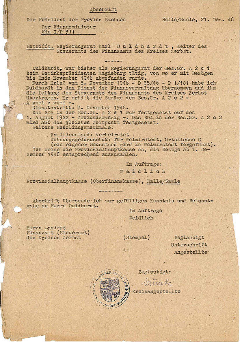 Bezügeanweisung des Finanzministeriums für Karl Duldhardt, 21. Dezember 1946 (Museum Wolmirstedt RR-F)