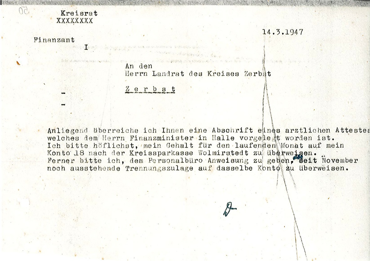 Schreiben Karl Duldhardts mit Bitte um Gehaltszahlung, 14. März 1947 (Museum Wolmirstedt RR-F)