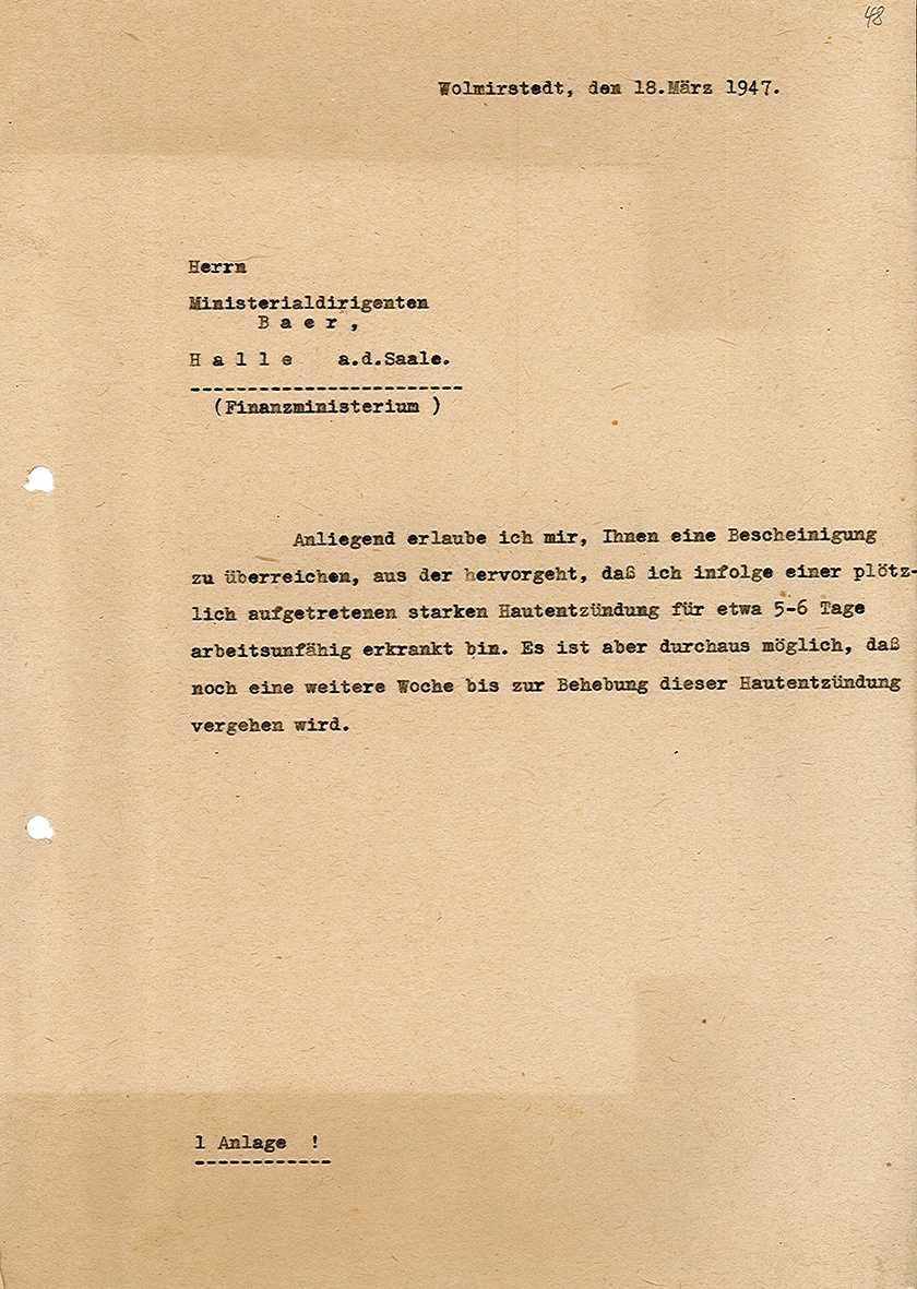 Kopie Anschreiben Übergabe Krankenbescheinigung von Karl Duldhardt, 18. März 1947 (Museum Wolmirstedt RR-F)