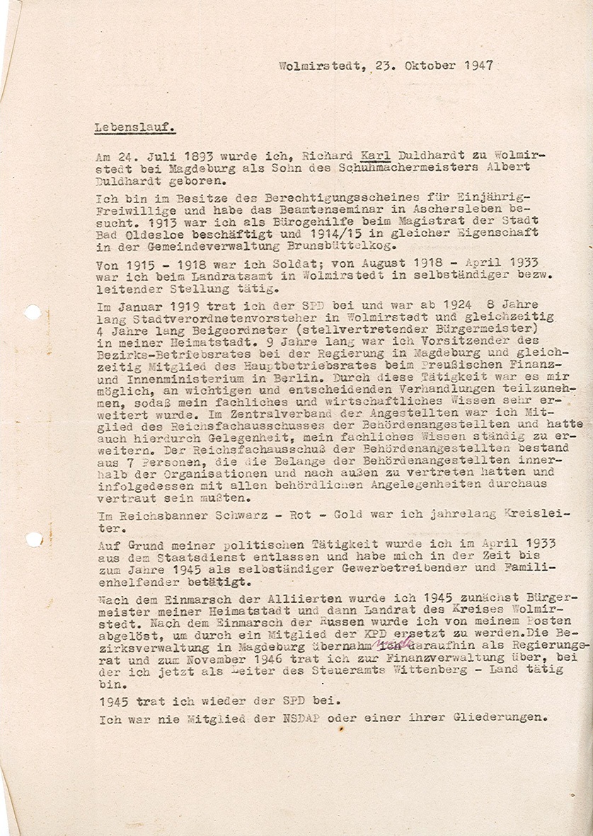 Lebenslauf von Karl Duldhardt, 23. Oktober 1947 (Museum Wolmirstedt RR-F)