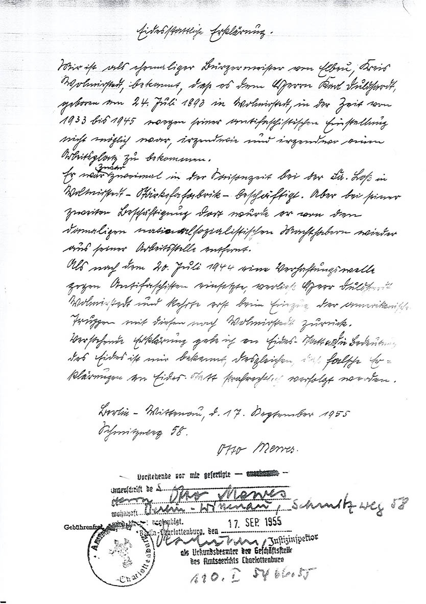 Kopie Eidesstattliche Erklärung von Otto Mewes zur Person Karl Duldhardt, 17. September 1955 (Museum Wolmirstedt RR-F)
