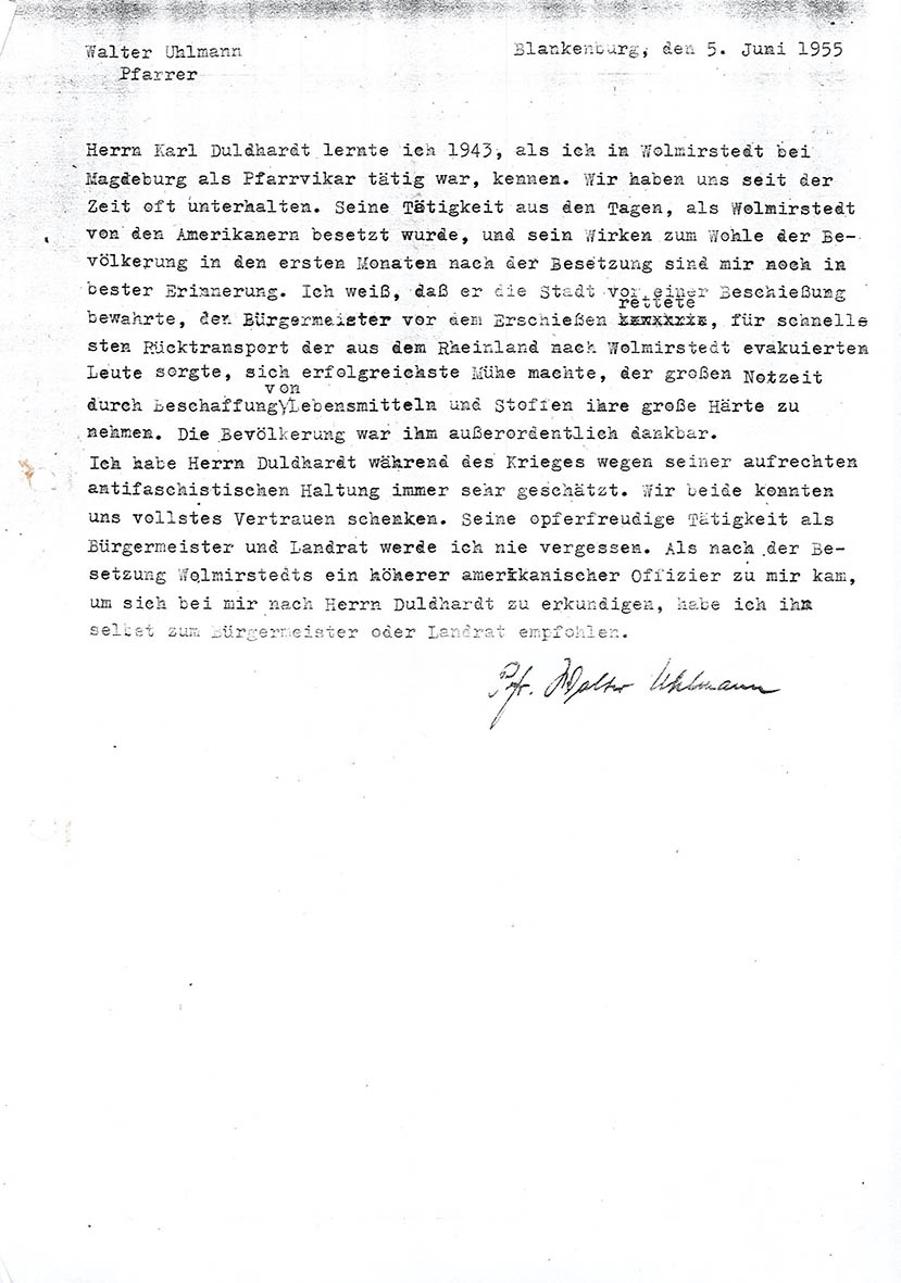 Kopie Erklärung von Pfarrer Walter Uhlmann zur Person Karl Duldhardt, 5. Juni 1955 (Museum Wolmirstedt RR-F)