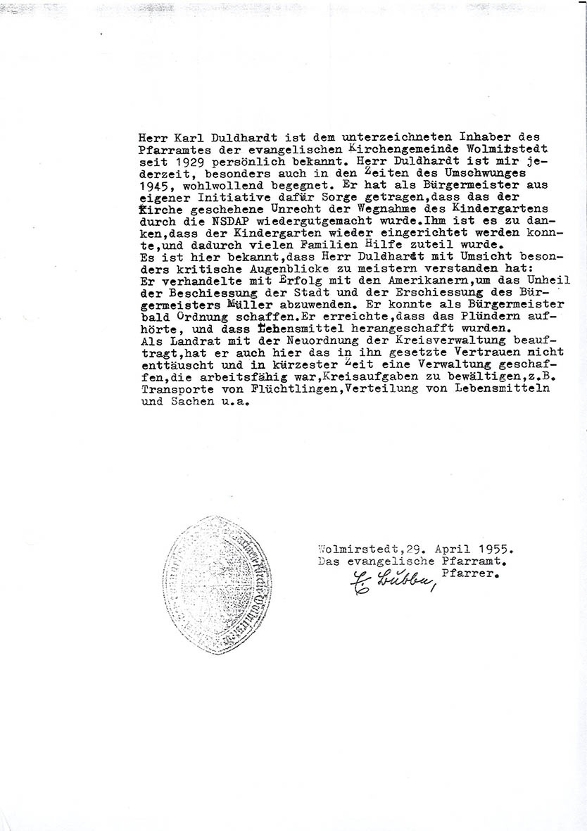 Kopie Erklärung von Pfarrer E. Lübbe zur Person Karl Duldhardt, 29. April 1955 (Museum Wolmirstedt RR-F)