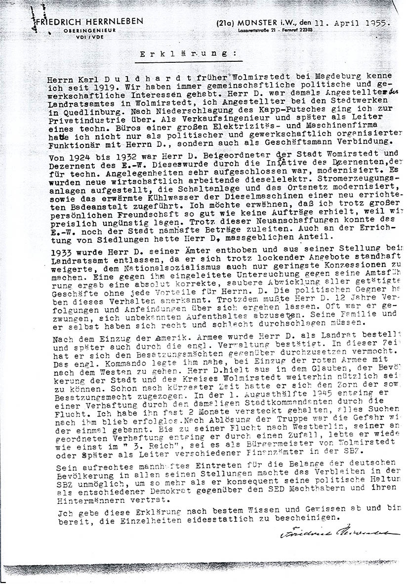 Erklärung von Friedrich Herrnleben zum Werdegang von Karl Duldhardt, 11. April 1955 (Museum Wolmirstedt RR-F)