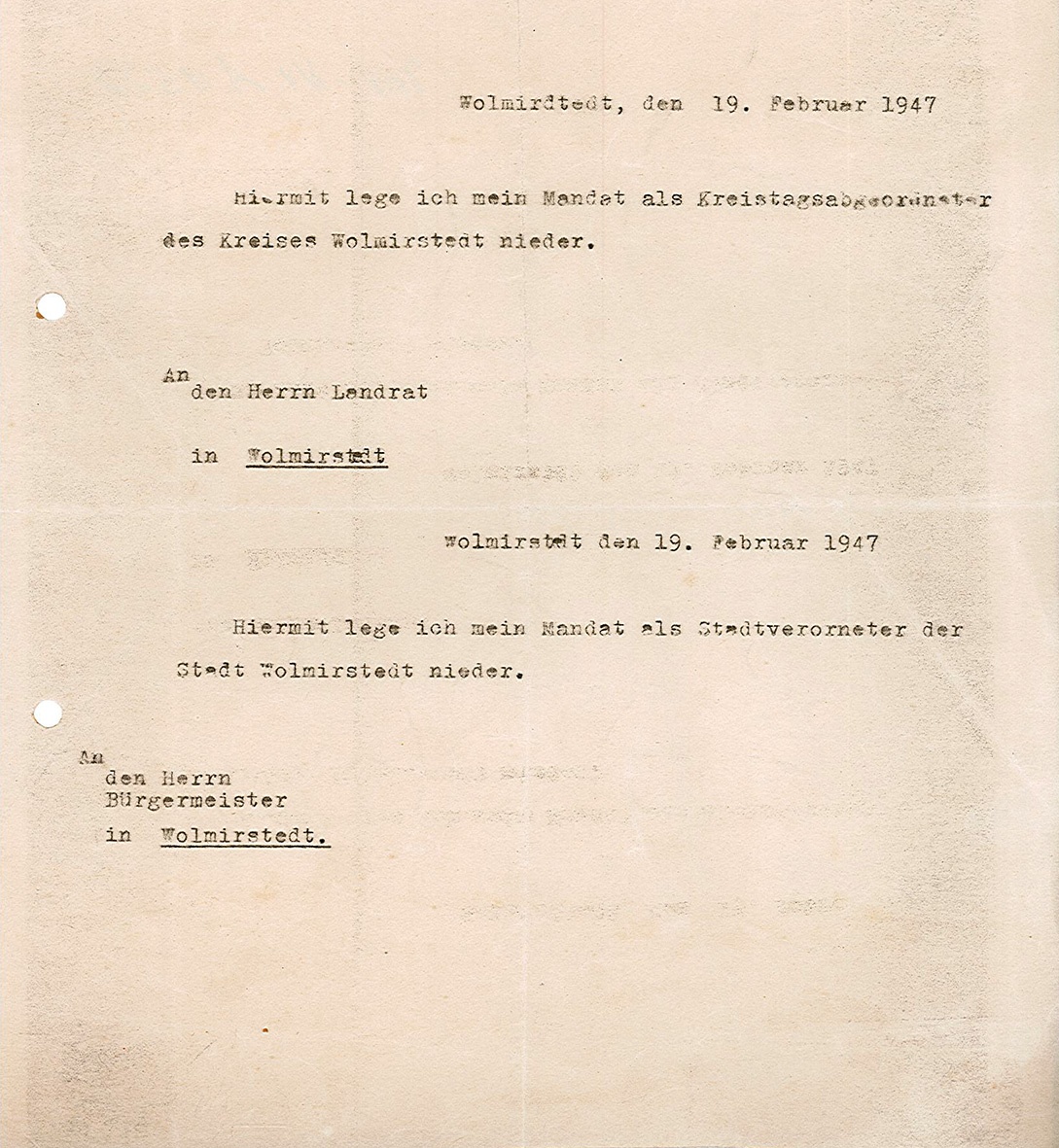 Mandatsniederlegung Karl Duldhardts für den Wolmirstedter Kreistag, 19. Februar 1947 (Museum Wolmirstedt RR-F)