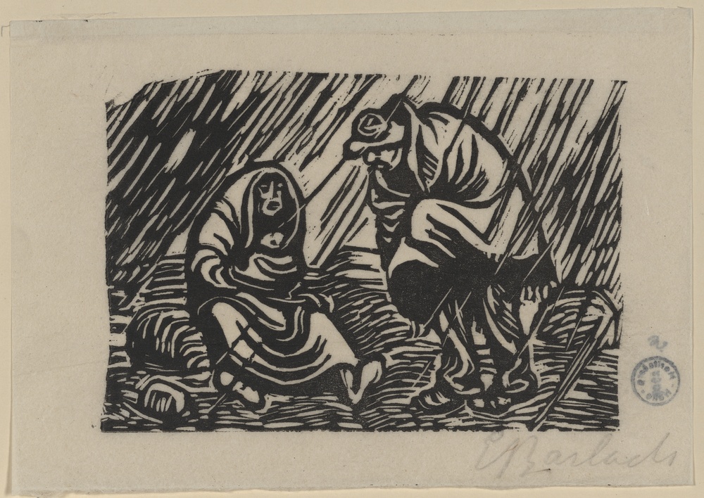 Haderndes Paar im Regen, Blatt 2 aus &quot;Der Findling&quot;, Mappe mit 20 Holzschnitten, Verlag Paul Cassirer, Berlin 1922 (Kulturstiftung Sachsen-Anhalt CC BY-NC-SA)