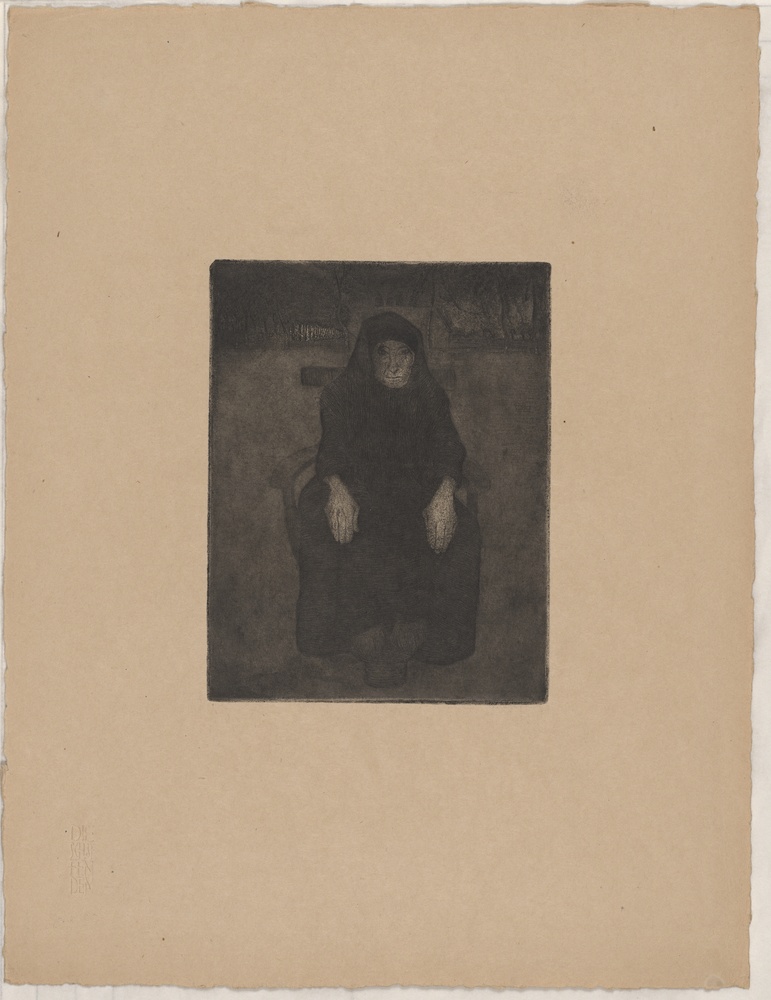 Sitzenden Alte, Blatt aus der Mappe &quot;Die Schaffenden&quot;, I. Jahrgang, 1. Mappe, Verlag Gustav Kiepenheuer, Weimar, 1919 (Kulturstiftung Sachsen-Anhalt CC BY-NC-SA)