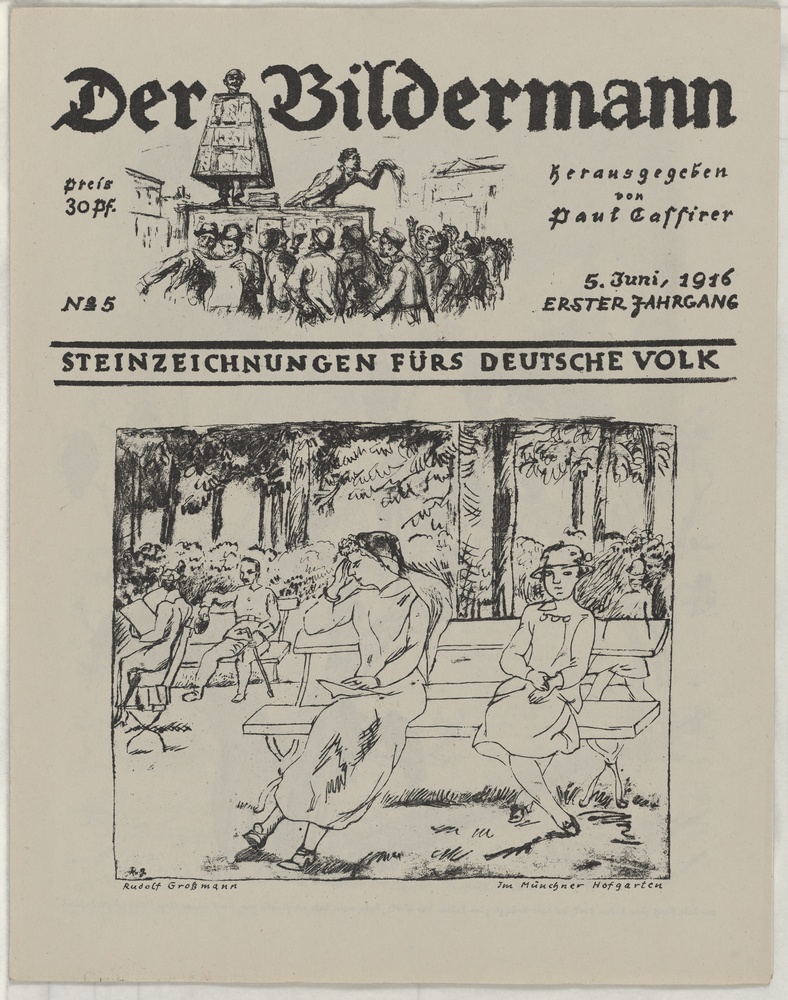 Im Münchner Hofgarten, Illustration für die Zeitschrift &quot;Der Bildermann. Steinzeichnungen für’s deutsche Volk.&quot; herausgegeben von Paul Cassirer, 1916  (Kulturstiftung Sachsen-Anhalt CC BY-NC-SA)