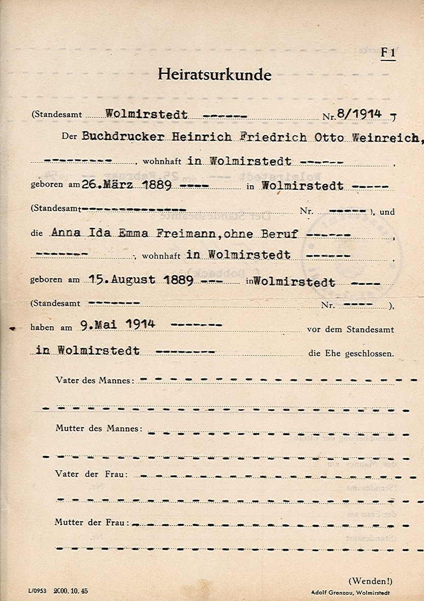 Heiratsurkunde Anna Freimann und Otto Weinreich, 9. Mai 1914 (Ausfertigung 25. Februar 1954) (Museum Wolmirstedt RR-F)