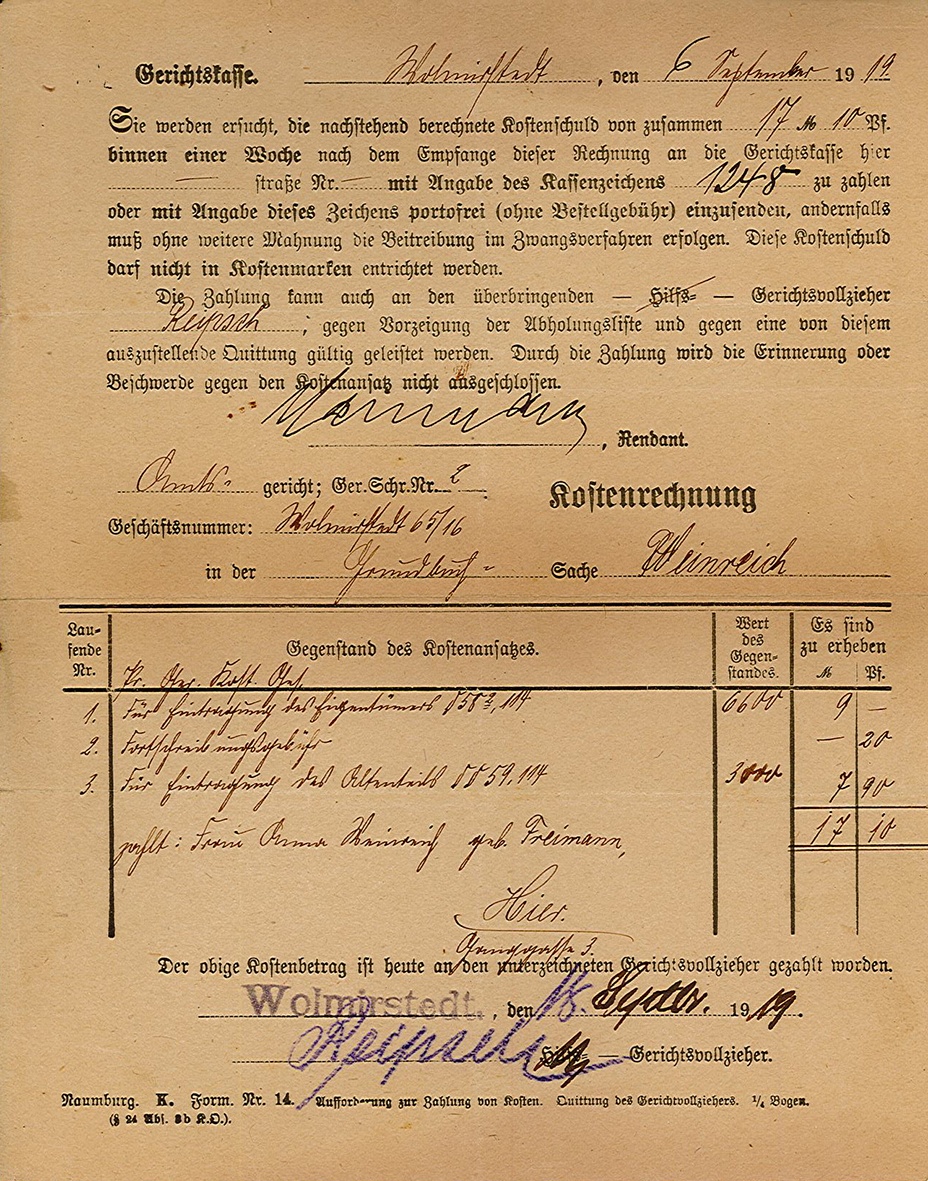 Rechnung über Gerichtskosten Amtsgericht Wolmirstedt, 6. September 1919 (Museum Wolmirstedt RR-F)