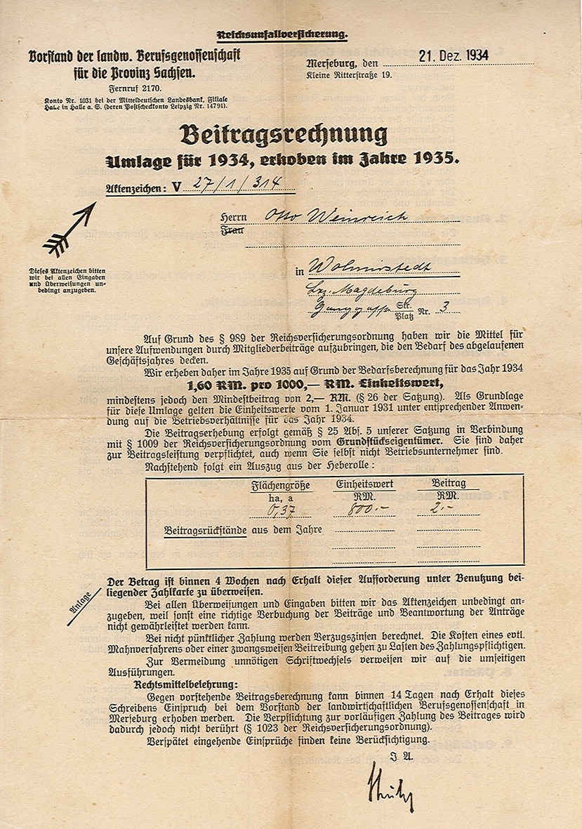 Beitragsrechnung zur Reichsunfallversicherung für Otto Weinreich, 21. Dezember 1934 (Museum Wolmirstedt RR-F)