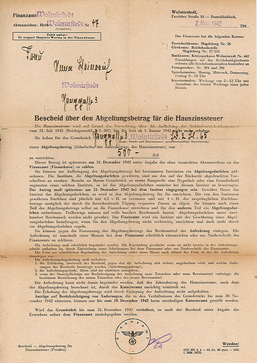 Bescheid über den Abgeltungsbetrag für die Hauszinssteuer an Anne Weinreich, 2. November 1942 (Museum Wolmirstedt RR-F)