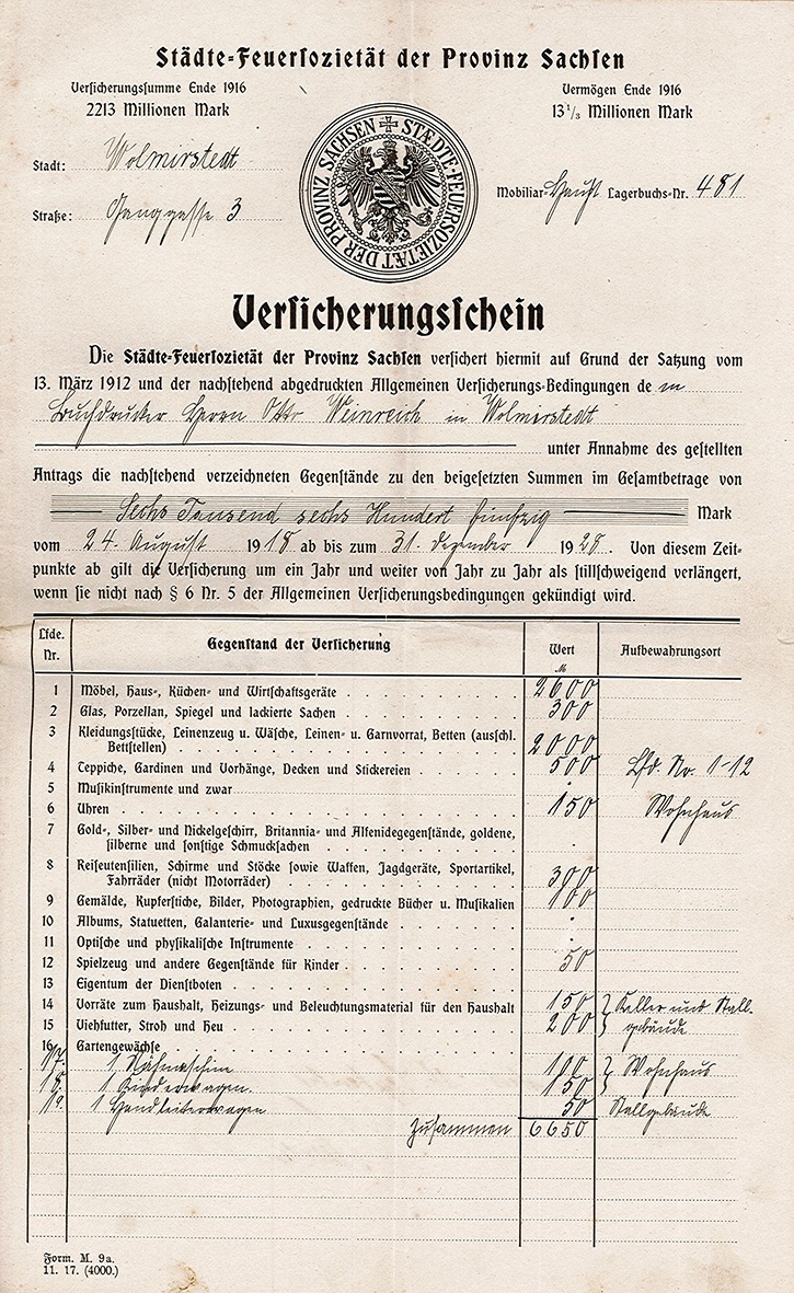 Versicherungschein der Städte-Feuersozietät für Otto Weinreich, 21. September 1918 (Museum Wolmirstedt RR-F)