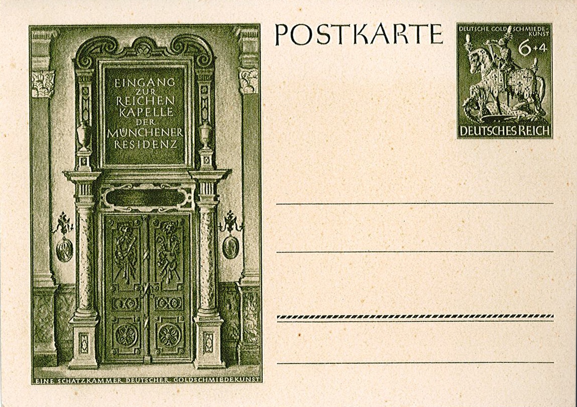 Blanko-Postkarte mit Bild des Eingangstores der Reichen-Kapelle in München (Museum Wolmirstedt RR-F)
