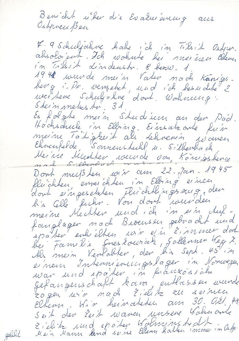 Erinnerungsbericht von Ingeborg Siebert zur Flucht aus Ostpreußen 1945 (Museum Wolmirstedt RR-F)