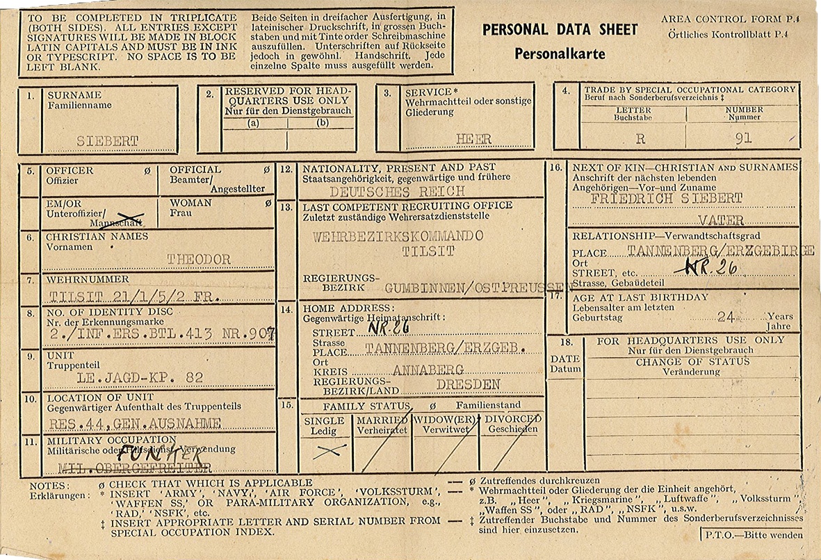 Örtliches Kontrollblatt der Alliierten Besatzungstruppen - Personalkarte von Theodor Siebert, 28. Juli 1945 (Museum Wolmirstedt RR-F)