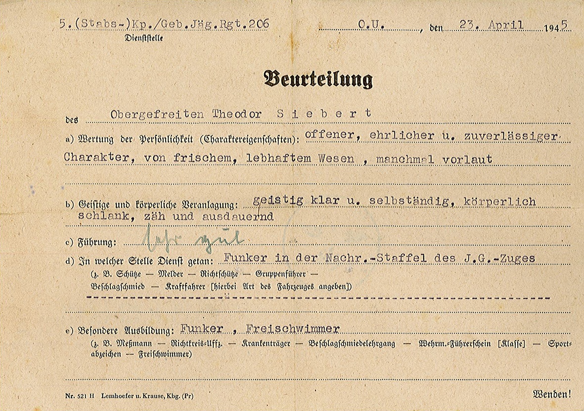 Beurteilung des Soldaten Theodor Siebert, 23. April 1945 (Museum Wolmirstedt RR-F)