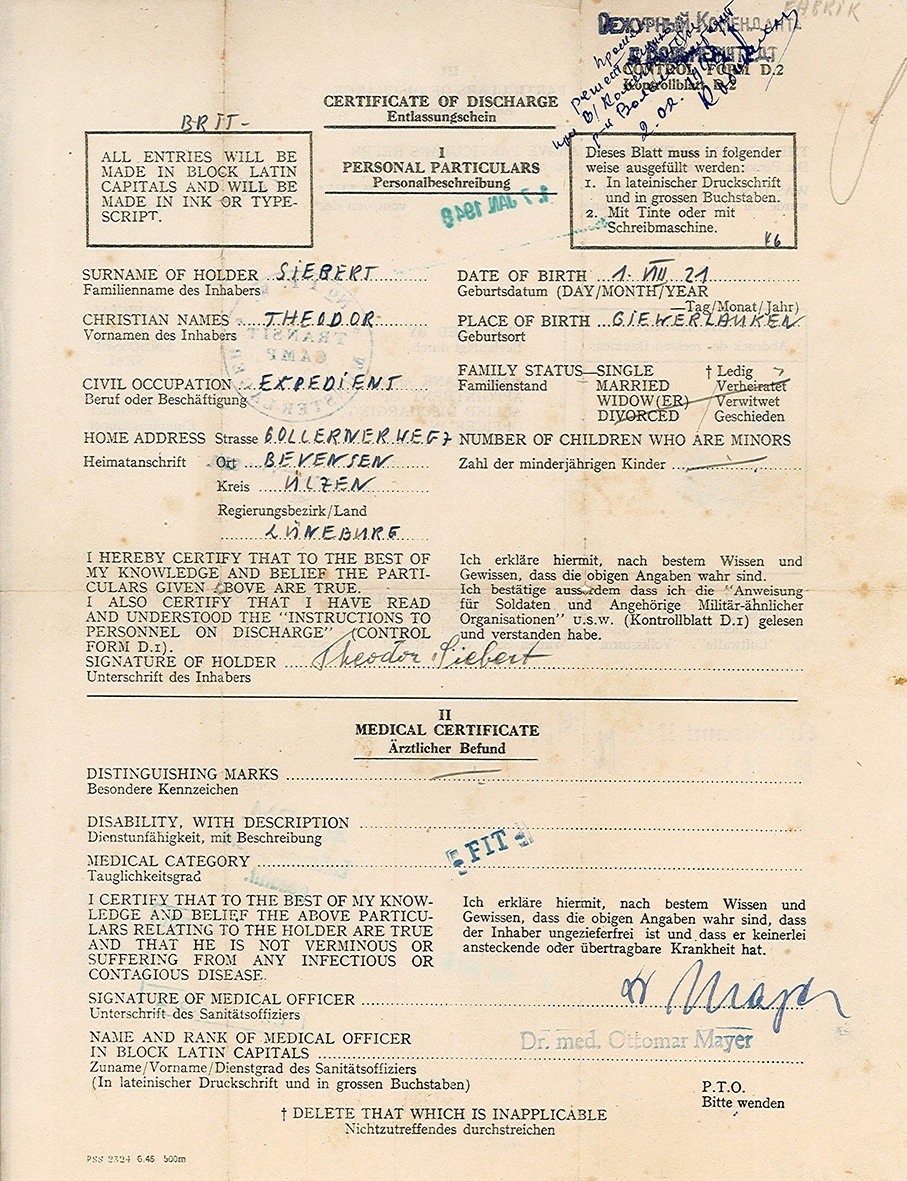 Entlassungschein für den Kriegsgefangenen Theodor Siebert, 17. Januar 1948 (Museum Wolmirstedt RR-F)