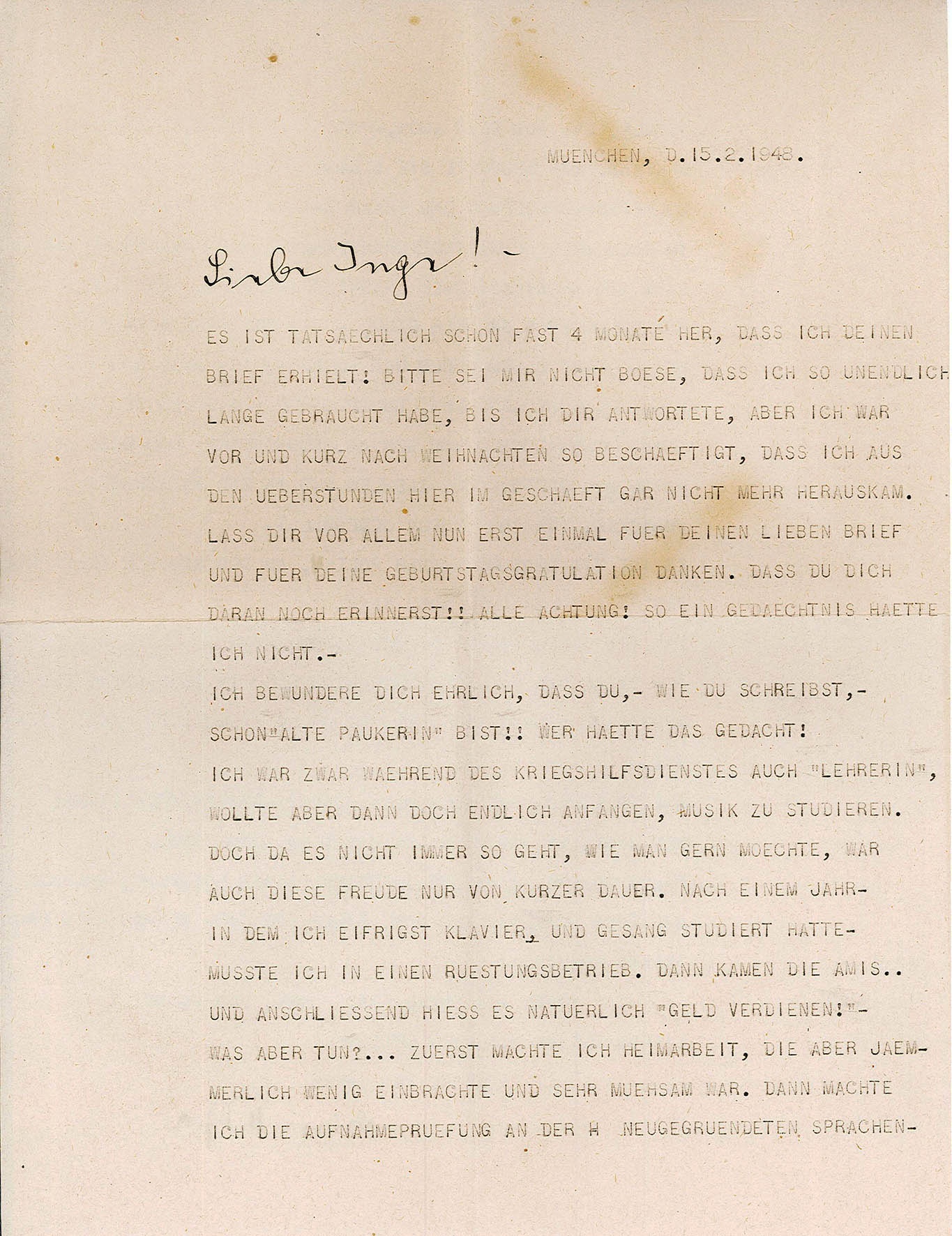 Freundschaftsbrief an Ingeborg Range von Helga Schmidtke, 15. Februar 1948 (Museum Wolmirstedt RR-F)