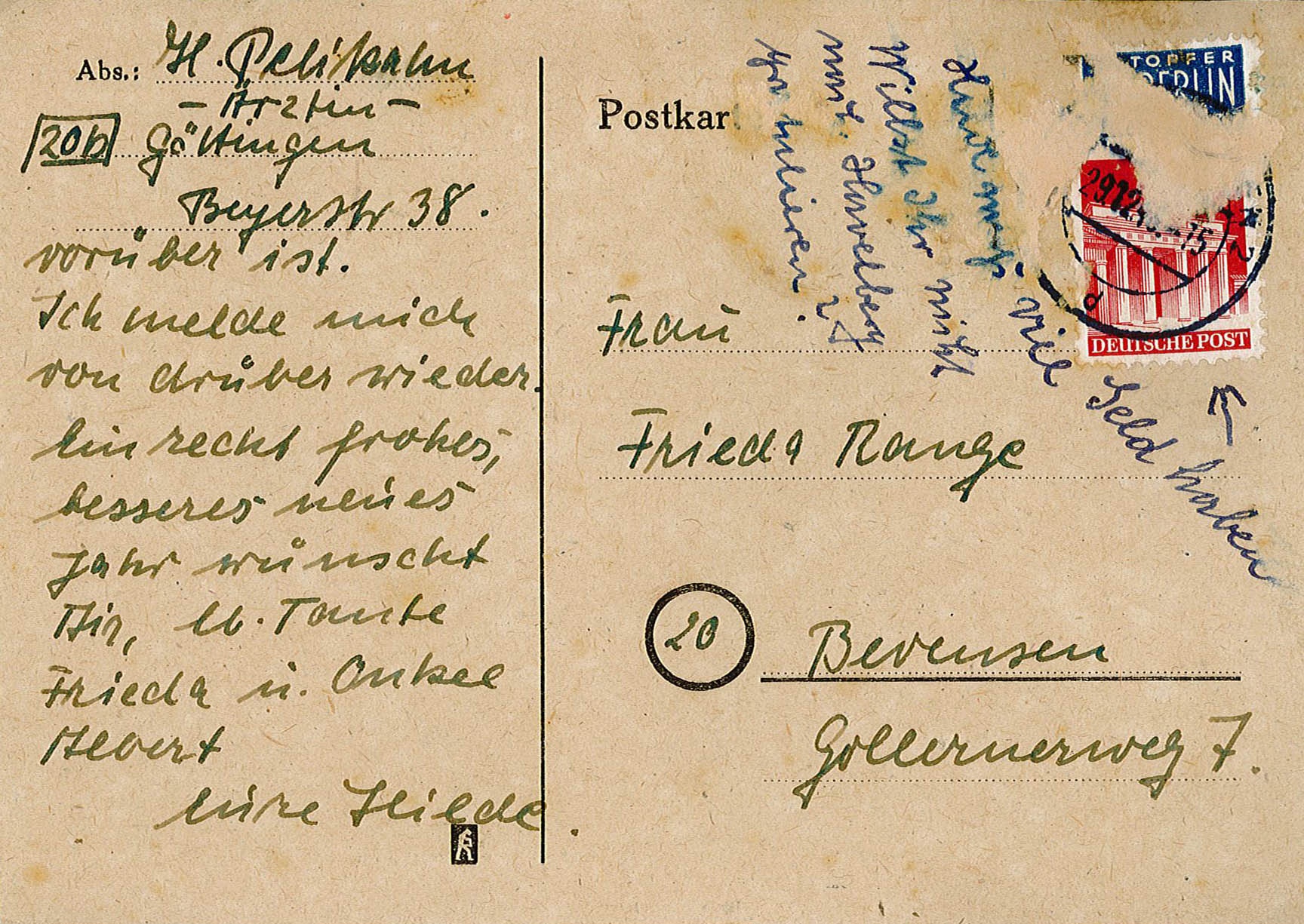 Postkarte an Ingeborg Range von Hilde Pelikan, 27. Dezember 1948 (Museum Wolmirstedt RR-F)