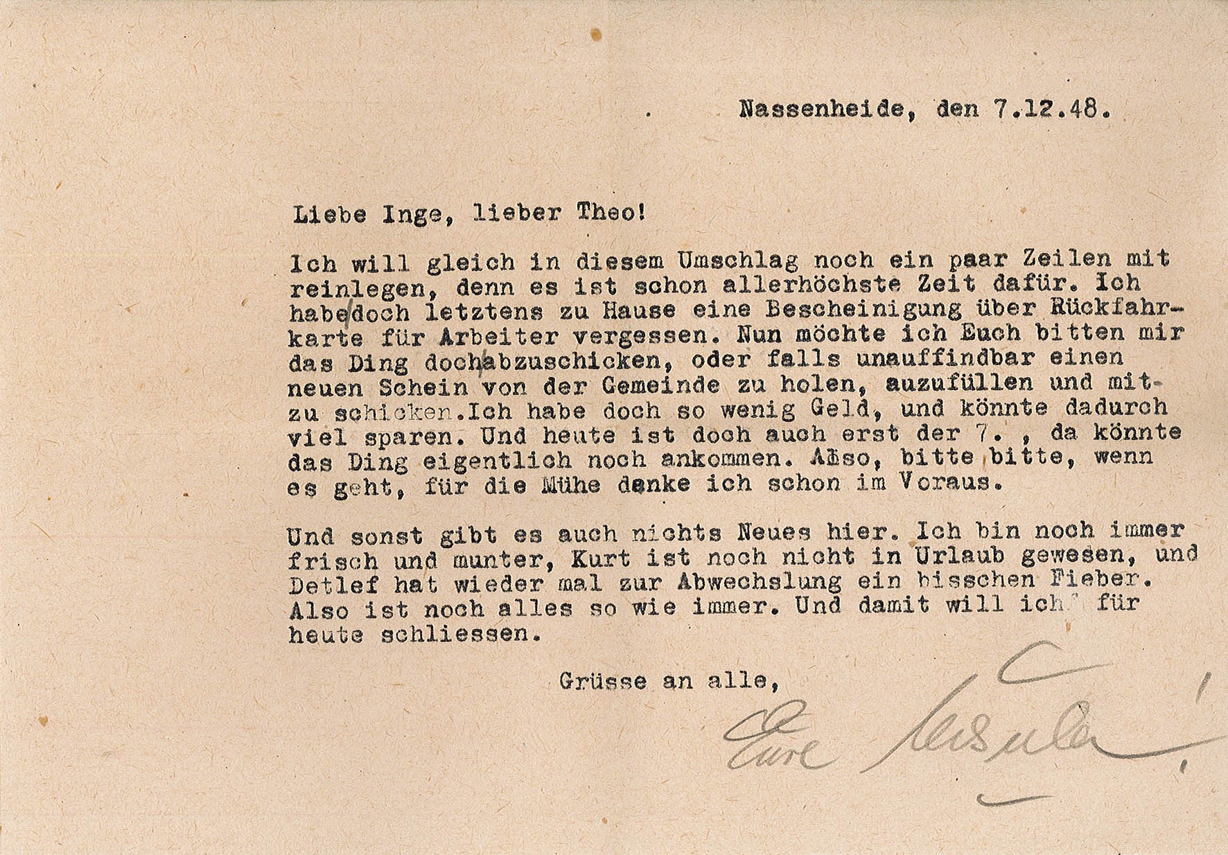 Brief an Eheleute Siebert von Ursula Siebert, 7. Dezember 1948 (Museum Wolmirstedt RR-F)